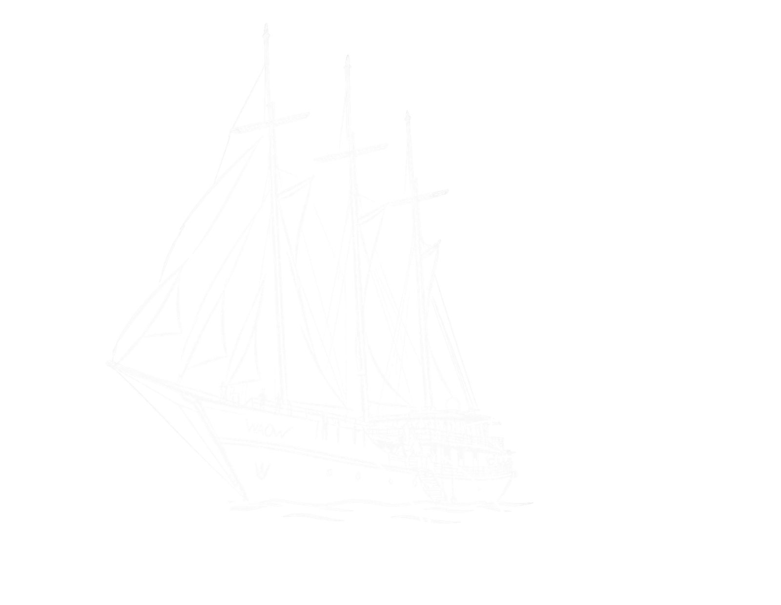 Line drawing of Waow 2 under sail.
