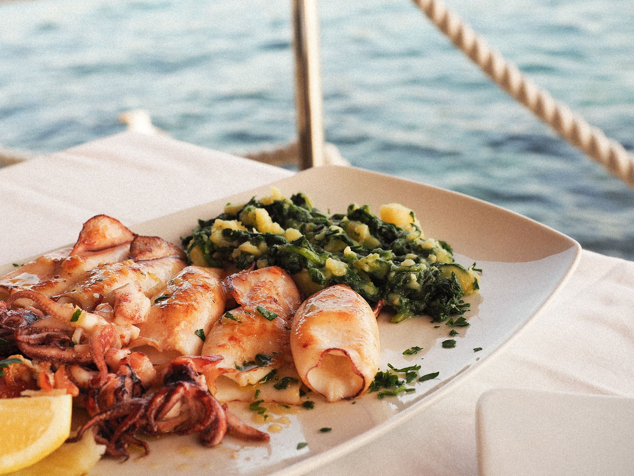 A plate of grilled squid served on deck, with the sea beyond.