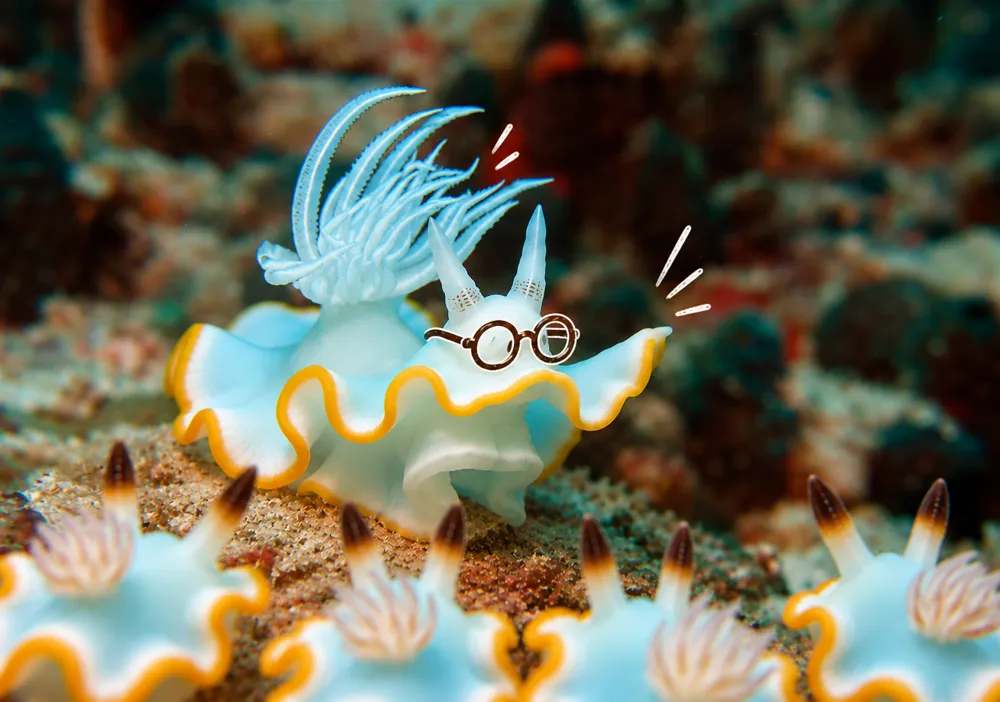 A nudibranch with round glasses, drawn in like a cartoon.
