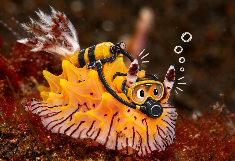 A nudibranch wearing a dive tank and mask.