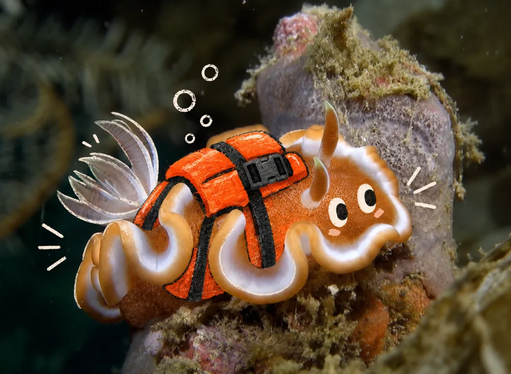 A nudibranch in an orange life vest.