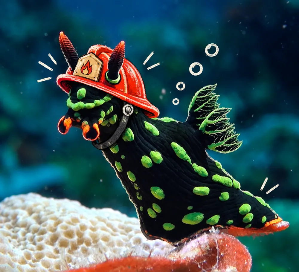 A nudibranch in a firefighter's helmet.