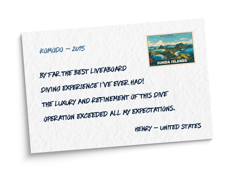 Postcard from Henry, United States, Komodo 2015: "By far the best liveaboard diving experience I've ever had! The luxury and refinement of this dive operation exceeded all my expectations."
