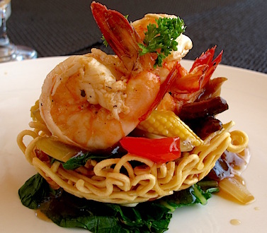 Liveaboard WAOW Luxury Cruise or Charter for Scuba diving in Indonesia - tiger shrimp entree for lunch or dining